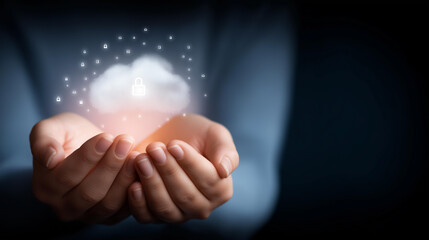 Hands holding glowing cloud with lock icon and data symbols floating, faceless cloud security, data protection visualization, defocused technology background, cybersecurity element