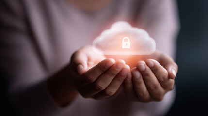 Hands holding glowing cloud with lock icon and data symbols floating, faceless cloud security, data protection visualization, defocused technology background, cybersecurity element