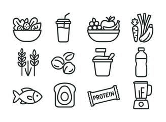 Healthy food icons: salad, smoothie, fruit bowl, vegetables, grains, beans, yogurt, water, fish, avocado, protein bar, blender