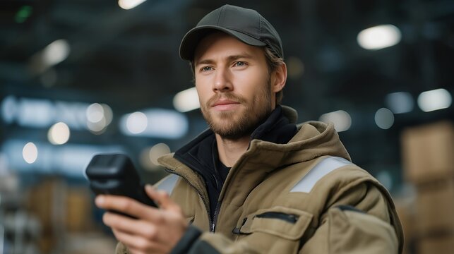 Warehouse operator scanning smart container with handheld device, emotion of focus and professionalism visible, symbolizing automated inventory control, RFID tracking innovation, and efficiency in