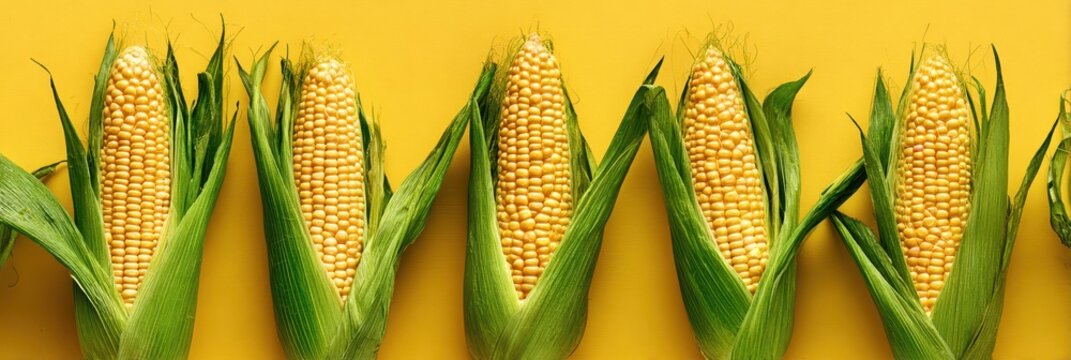 Fresh corn cobs with husks on vibrant yellow background - Powered by Adobe