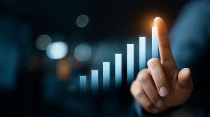 Finger pointing at rising bar chart showing 2022 to 2026 growth trend, faceless business analytics, data visualization detail, defocused office background, success strategy symbols