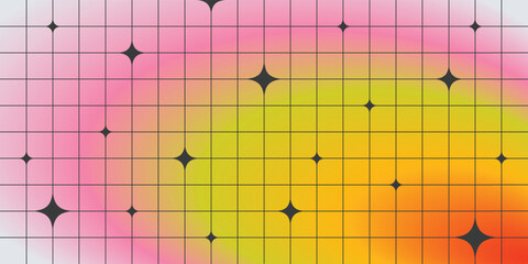 Y2K abstract blurry background with retro gradient, grid and stars shape. Modern backdrop in futuristic style. Trendy minimalist vector design in brutalism style