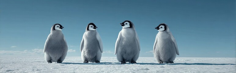 Four fluffy baby penguins stand on a vast snowy plain under a clear blue sky