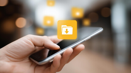 Hand holding smartphone with download icon and document files floating, faceless file transfer, digital download visualization, defocused technology background, cloud storage symbo