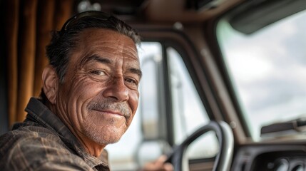 Hispanic Truck Driver in his 50s Driving on a Cloudy Day