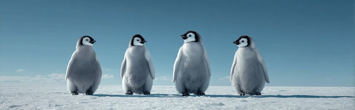 Four fluffy baby penguins stand on a vast snowy plain under a clear blue sky - Powered by Adobe