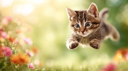 Fototapeta premium Grey Kitten in Mid-Air Above Garden Flowers and Greenery
