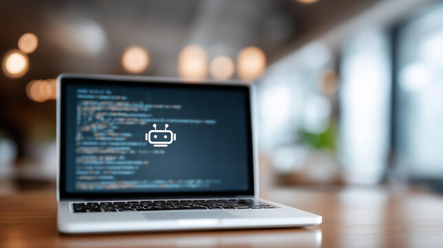 Laptop screen showing code with AI robot icon floating above, faceless coding assistant, software development visualization, defocused workspace background, machine learning symbol - Powered by Adobe