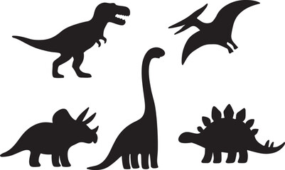 Dinosaur silhouette vector set. Cute flat illustrations of T-rex, Triceratops, Stegosaurus, Brachiosaurus, and Pterodactyl. eps