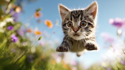 Fototapeta premium Grey Kitten in Mid-Air Above Garden Flowers and Greenery