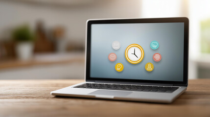 Laptop with time management icons and productivity symbols floating, faceless efficiency concept, time tracking visualization, defocused workspace background, project scheduling el