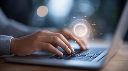 Hands typing on laptop with futuristic AI interface elements hovering, faceless artificial intelligence, neural network visualization floating, defocused modern workspace, digital