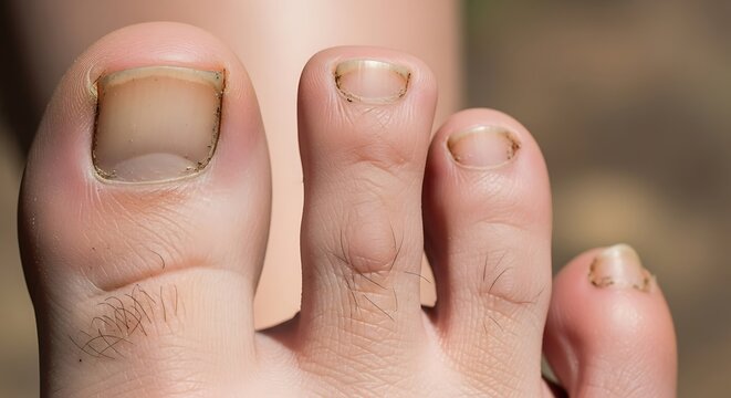 Close up view of a human foot with a fungal toenail infection.