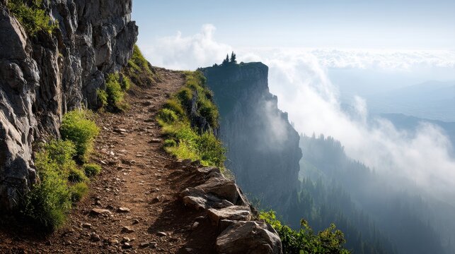 A scenic mountain path winds along a rocky cliff, surrounded by lush green foliage and misty clouds, offering breathtaking views of the landscape.