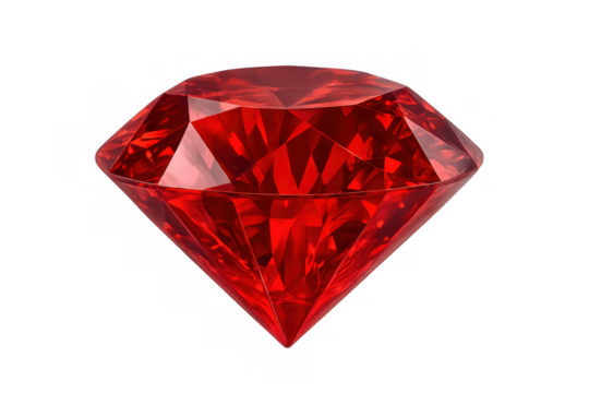 Brilliant red ruby gemstone crystal cut diamond shape, symbolizing luxury, wealth, and preciousness, on transparent background