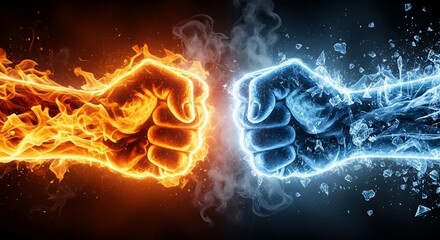 Fire and Ice Power Battle/ Two fists  fighting/ Two fists in the air with fire and water ice/ energy, dynamic conflict power concept abstract image