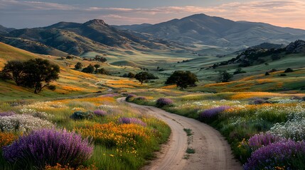 Obraz premium Peaceful landscape of a winding dirt road through a beautiful meadow of wildflowers, leading towards rolling hills under a warm, golden sunset glow.