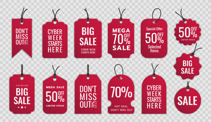 Sale tag. Price discount. Badge offer. Sticker with special deal. Promotion on label. Store sign. Symbol of coupon. Icon marketing. Sell of mark. Product shopping promo. Vector isolated elements set