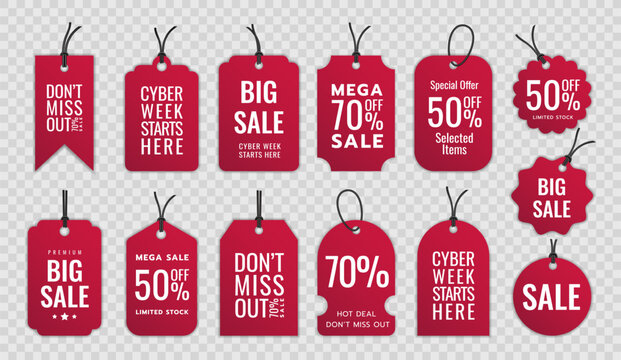 Sale tag. Price discount. Badge offer. Sticker with special deal. Promotion on label. Store sign. Symbol of coupon. Icon marketing. Sell of mark. Product shopping promo. Vector isolated elements set
