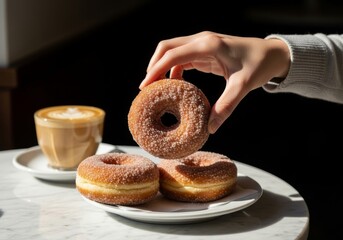 Hand selecting a freshly baked cinnamon sugar donut from a plate, with a warm latte in a sunlit cafe setting
