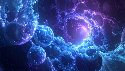 An abstract fractal rendering reveals a swirling, tunnel-like formation of interconnected, crystalline-like structures in a vivid blend of blues and purples