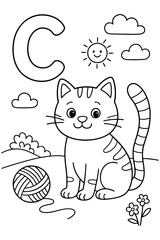 Coloring page of a cute cartoon cat with a ball of yarn. Fun and educational alphabet themed line art for kids to color and learn the letter C.
