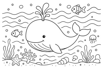 Coloring page of a cute whale swimming underwater with fish. Fun coloring page illustration for kids. © Aldo