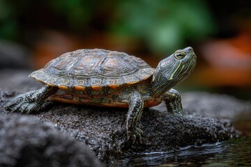 Fototapeta premium Small turtle with patterned shell on wet rock, head raised, blurred nature background