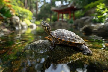 Fototapeta premium A turtle on a mossy rock in a tranquil pond with a red pagoda in the background