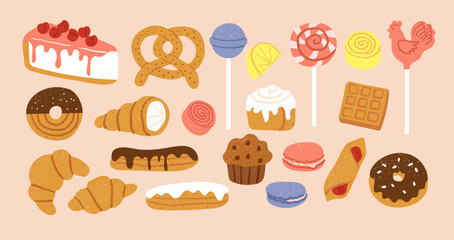 Sweet dessert. Cartoon bakery. Cute cake, biscuit with chocolate, croissant and different lollipops. Sugar food, delicious snack. Doodle confectionery element. Candy tasty vector graphic isolated icon