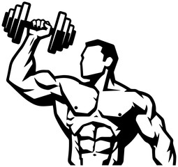 Powerful bodybuilder lifting dumbbell with intense focus, fitness and strength training