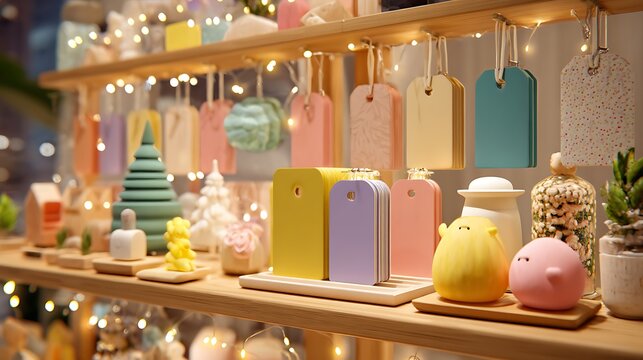 Various colorful handmade ornaments and decorations on wooden shelves