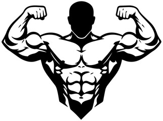 Powerful bodybuilder flexing muscles in bold black and white vector art, athletic physique