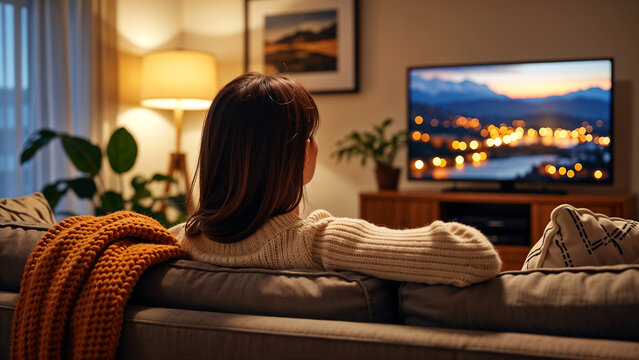Woman watching TV at cozy living room, Evening relaxation scene
