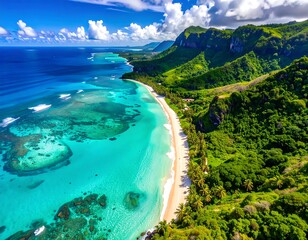 Aerial view of a pristine tropical coastline. Turquoise waters meet a white sand beach bordered by lush green mountains under a bright blue sky