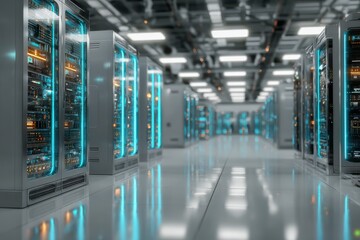 Data Center Corridor: An expansive view of a data center corridor, showcasing rows of high-tech servers with glowing blue lights.