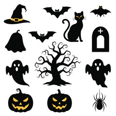A collection of classic Halloween silhouettes and icons including a cat, bat, ghost, and pumpkin.