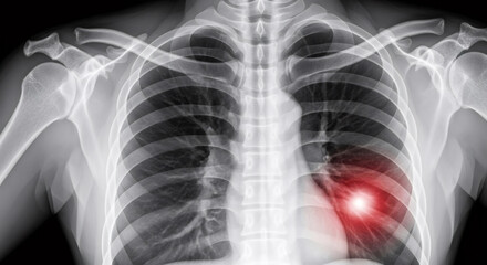 X-ray of adult chest showing a lung marked with a red highlight for pain, a medical concept representing illness, disease, or medical diagnostic.