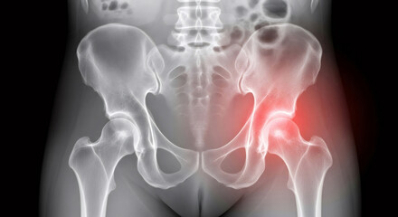 Human hip joint x-ray with red pain area. Medical imaging highlighting pain point in hip. Healthcare, diagnosis, and orthopedic concept.