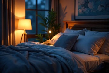 Serene Nighttime Bedroom Scene Soft Lighting Illuminates a Cozy Bed Perfect for Relaxation and Sleep, Ideal for Websites, Blogs, and Sleep Products