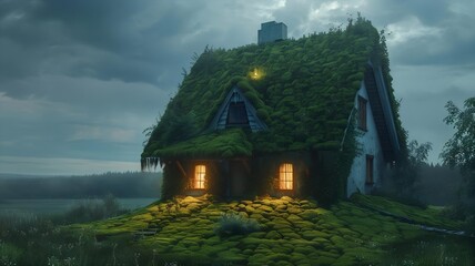 A whimsical house, covered in lush green moss, glows warmly under a stormy sky. Its lit windows offer comfort against the dark, misty landscape, evoking a magical, fairy-tale escape.