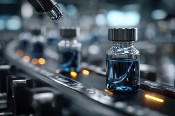 Precision Manufacturing of Medicinal Solutions: A detailed view of a cutting-edge manufacturing process reveals rows of meticulously filled vials on a dynamic conveyor belt, ready for distribution.