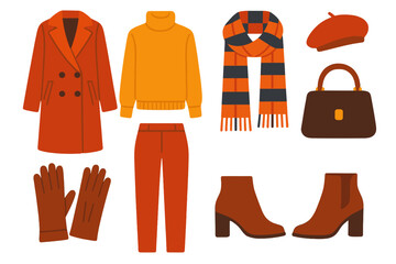 Fashionable Warmth — Chic layers flat icons: wool coat, turtleneck sweater, plaid scarf, leather gloves, beret, ankle boots, tailored pants, handbag.