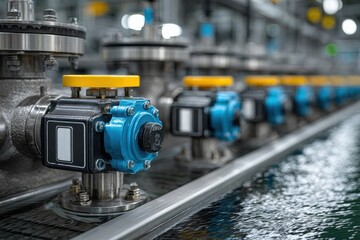 Industrial Valves and Systems: Precision engineering at its finest, with a close-up of a series of industrial valves, showcasing their intricate mechanisms and robust designs within a factory setting.