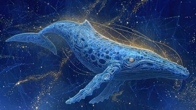 Blue whale swimming in starry cosmic space