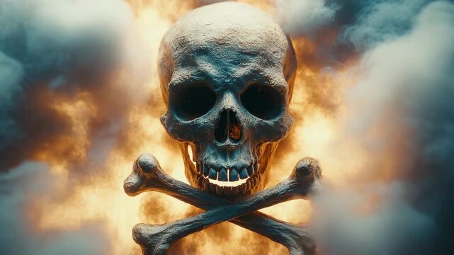 Skull and crossbones with smoke and fire, symbol of danger and death 4k video