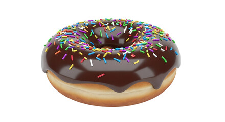 Delicious chocolate glazed donut with colorful sprinkles isolated on white background representing sweet dessert and bakery food concept
