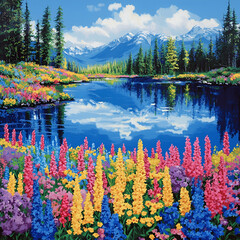 Colorful Flowering Field by a Lake, "Vibrant Flower Field by Lake", "Colorful Wildflowers by Water", "Beautiful Blossoms by a Clear Lake", "Serene Flower Meadow by Water", "Lush Wildflower Field Refle