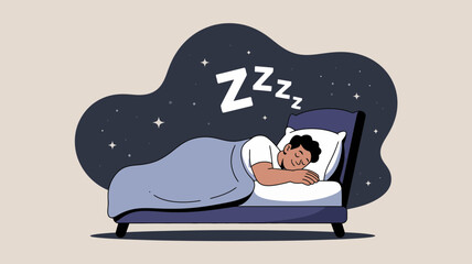 A person sleeping peacefully in a comfortable bed under a starry night sky with zzz symbols representing sleep
